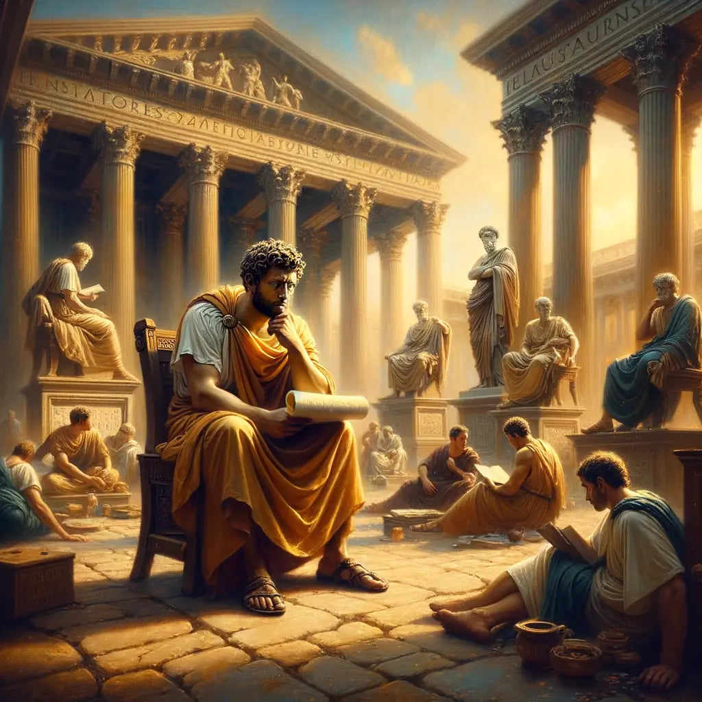 Marcus Aurelius seated thoughtfully in a Roman forum, with philosophical symbols like a scroll in a cinematic depiction reminiscent of 1960s historical films.