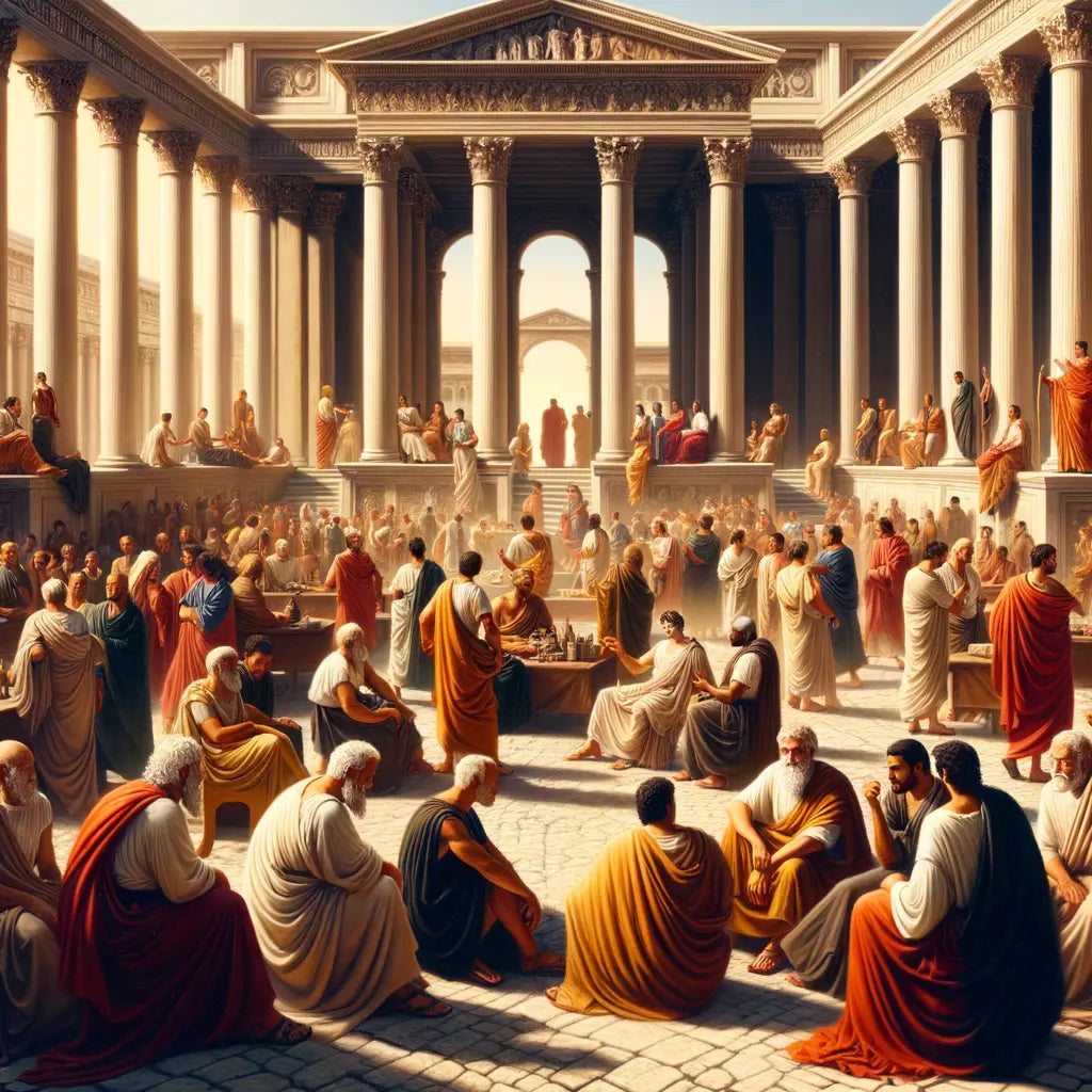 Bustling ancient Roman marketplace with philosophers debating, framed by marble columns, in a cinematic style evoking 1960s historical films.