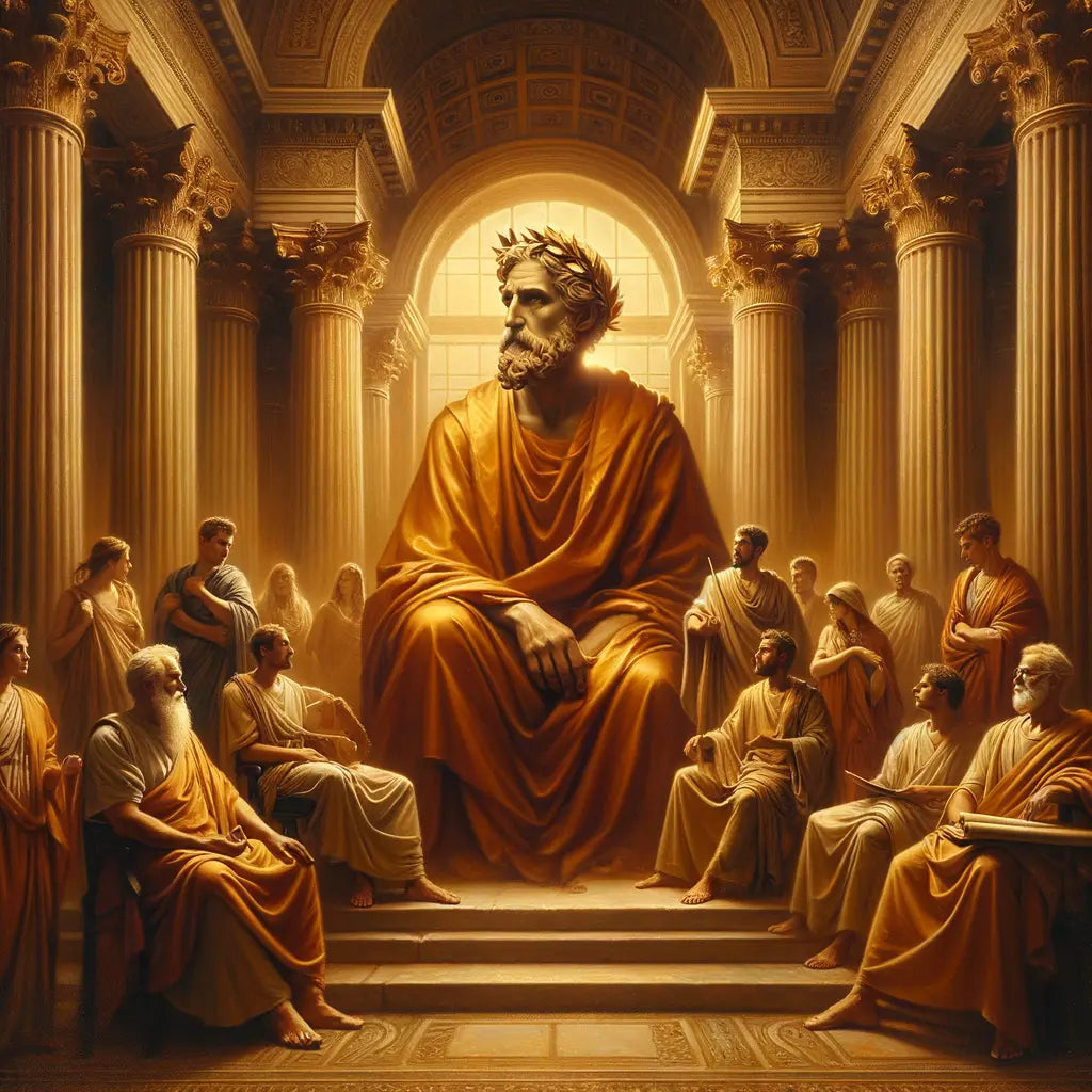 A Roman Emperor exuding a philosophical aura, surrounded by ancient architecture in a scene reminiscent of 1960s historical epics.