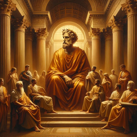 A Roman Emperor exuding a philosophical aura, surrounded by ancient architecture in a scene reminiscent of 1960s historical epics.