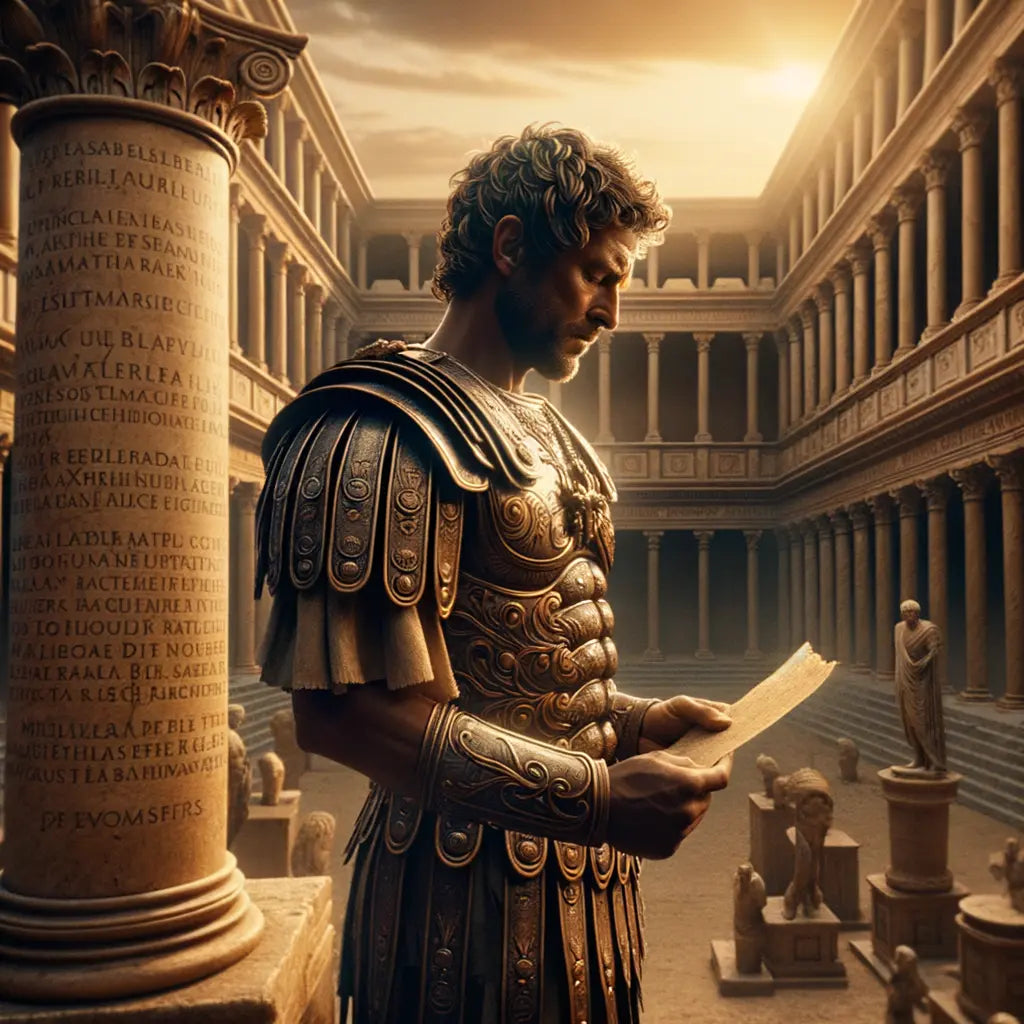 Marcus Aurelius in Roman armor thoughtfully examining a scroll, with Roman architecture and symbols of Stoic philosophy in the background, designed in the style of 1960s historical epic films.