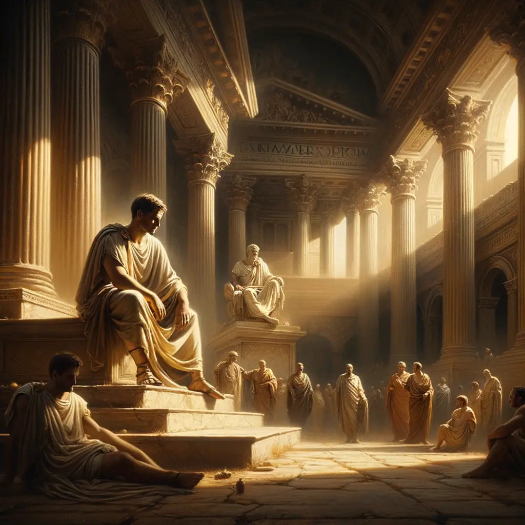 Marcus Brutus in Roman attire, standing pensively in an ancient Roman forum, surrounded by classical architecture, evoking the style of 1960s historical epics.