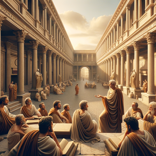 Philosophers engaged in debate on an ancient Roman street, with one figure resembling Musonius Rufus, depicted in a 1960s historical film style.