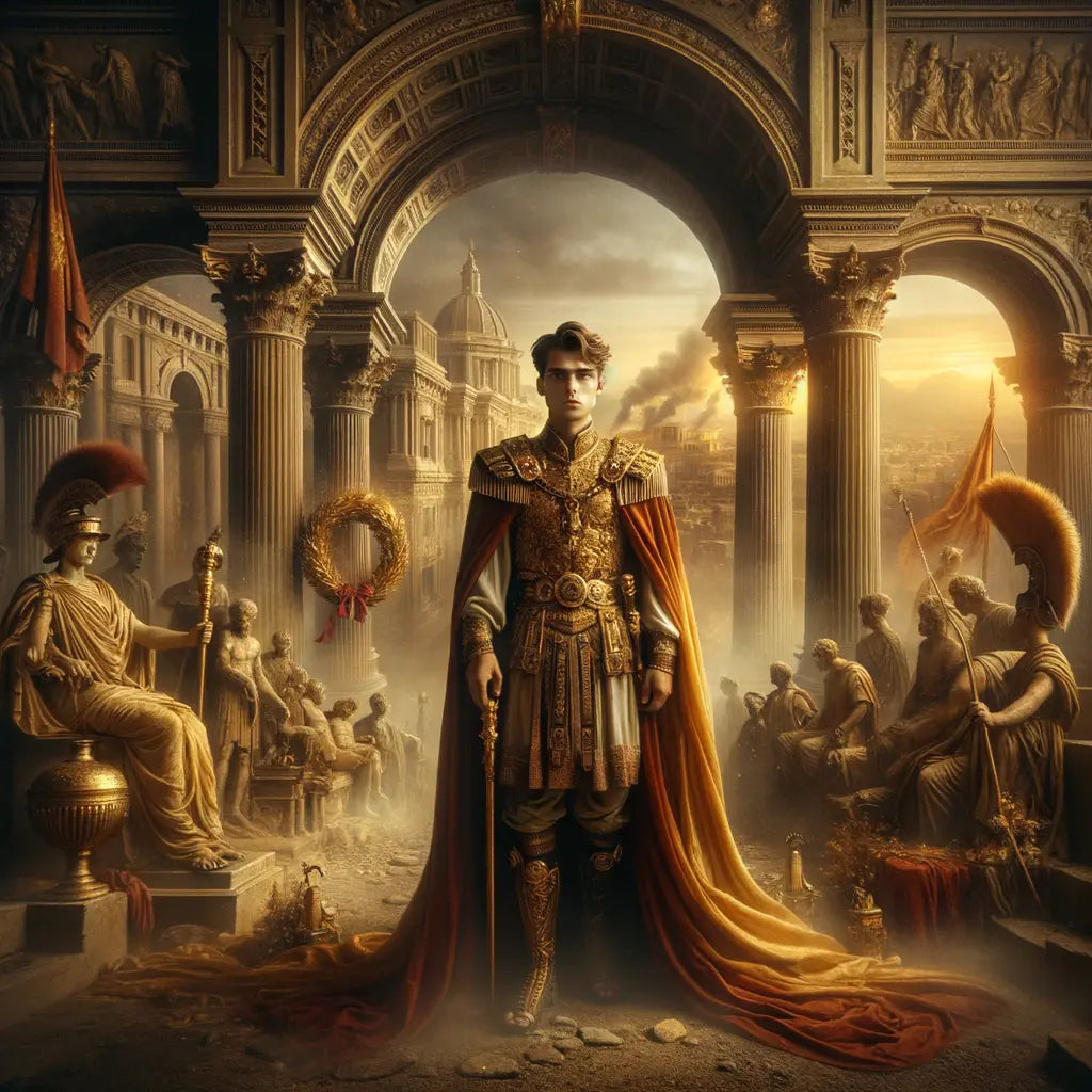 Young Nero in royal Roman attire amidst opulent architecture, with a burning city outline in the background, styled like a 1960s historical epic.