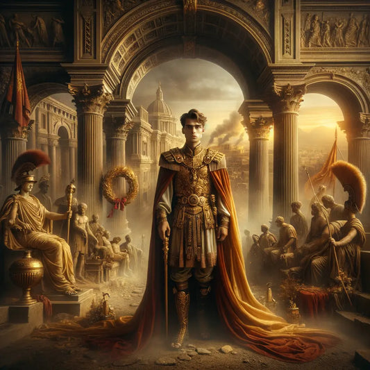 Young Nero in royal Roman attire amidst opulent architecture, with a burning city outline in the background, styled like a 1960s historical epic.