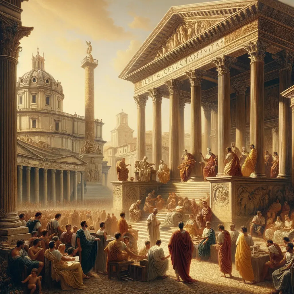 Ancient Rome during Marcus Aurelius' reign, featuring bustling streets and grand architecture in a 1960s historical film style.