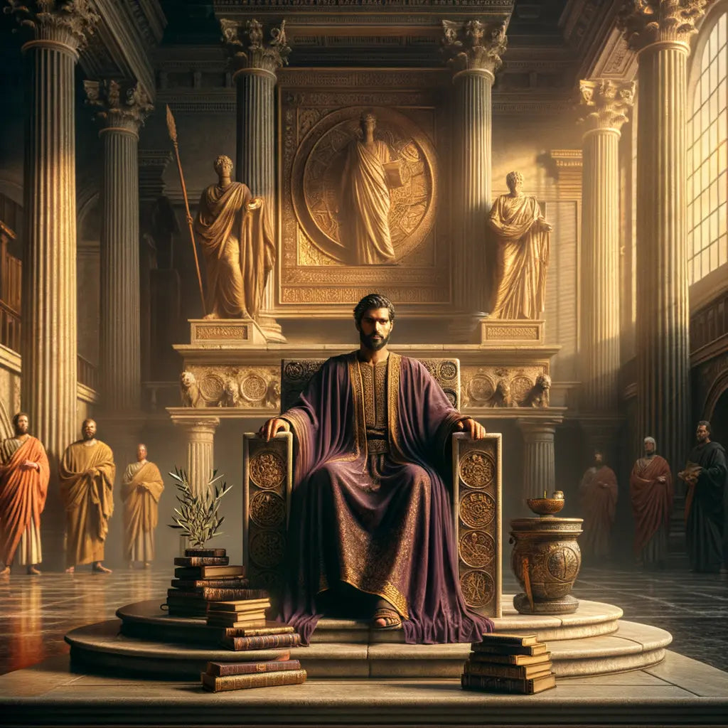 Roman Emperor Augustus seated on a throne surrounded by olive branches and scholarly books, symbolizing peace and cultural growth, in a 1960s historical epic style.