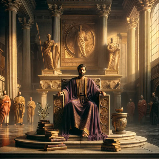 Roman Emperor Augustus seated on a throne surrounded by olive branches and scholarly books, symbolizing peace and cultural growth, in a 1960s historical epic style.