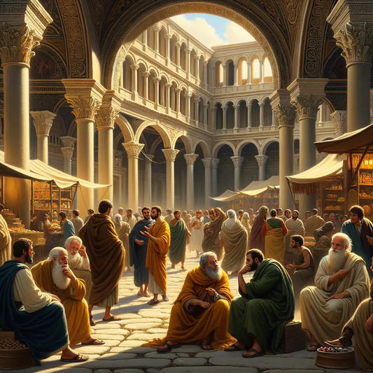 Ancient Tarsus city square with philosophers and bustling markets, evocative of 1960s historical epics.