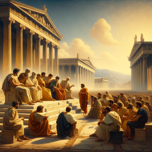 Socrates in an ancient Athenian setting, engaging in a philosophical discussion with students, depicted in a style reminiscent of classic 1960s historical films.