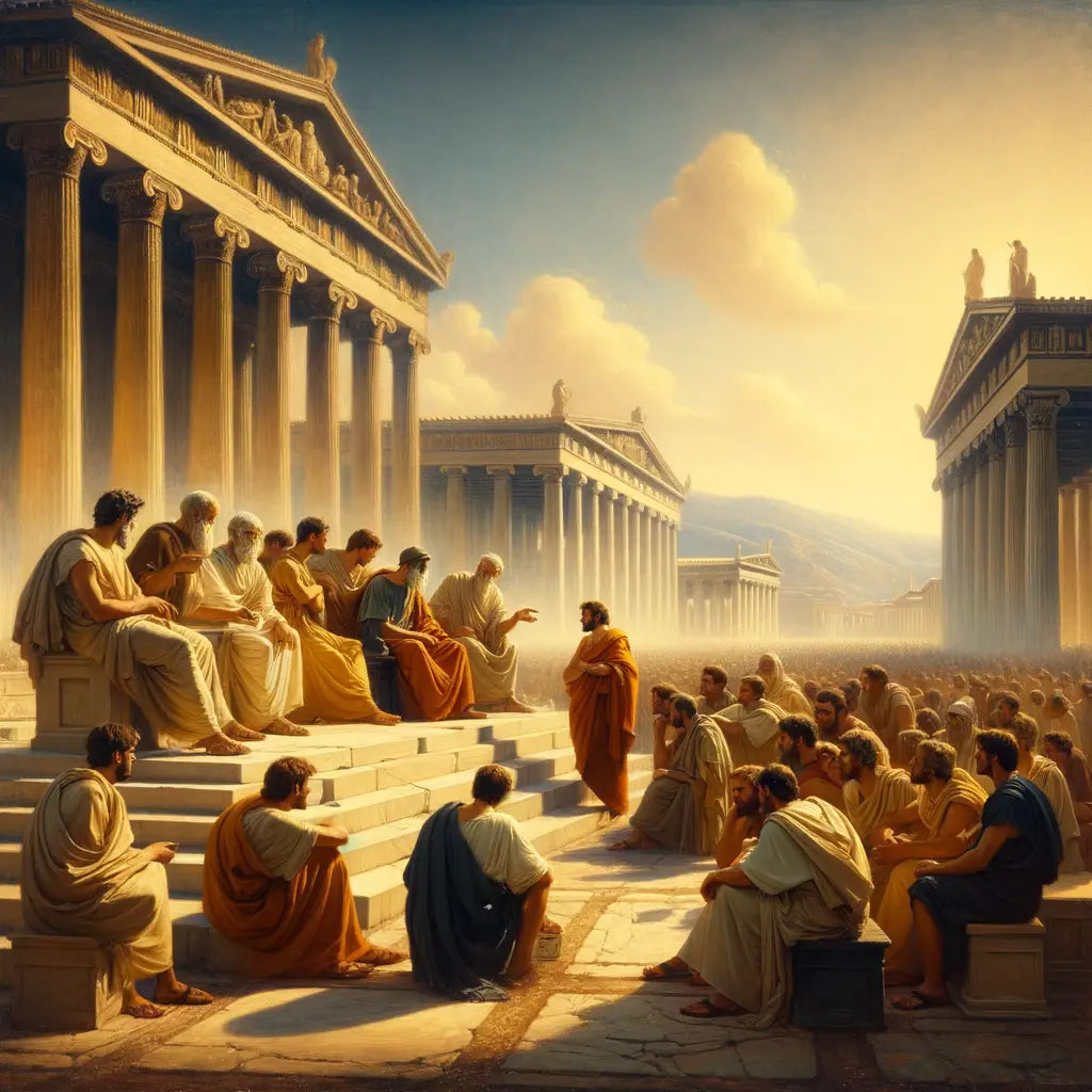 Socrates in an ancient Athenian setting, engaging in a philosophical discussion with students, depicted in a style reminiscent of classic 1960s historical films.