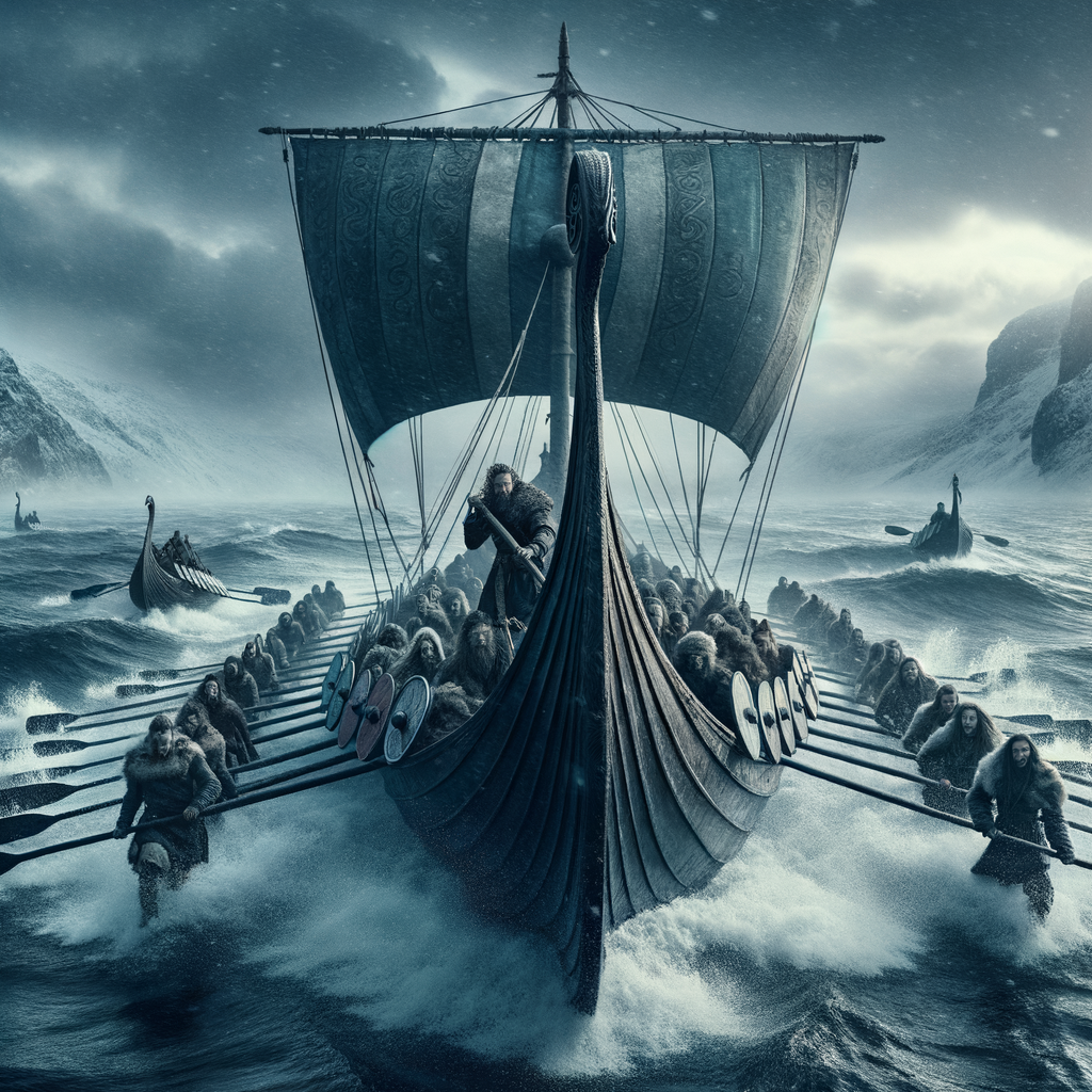 Viking longship with sunlit shields and warriors rowing through cold northern seas, embodying Ragnar Lodbrok's era.