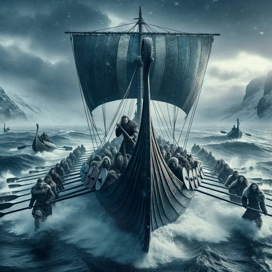 Viking longship with sunlit shields and warriors rowing through cold northern seas, embodying Ragnar Lodbrok's era.