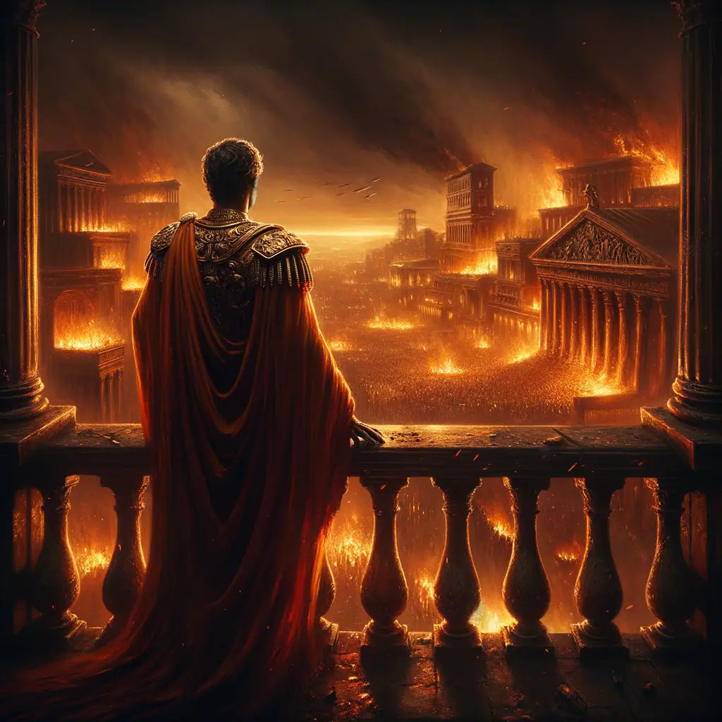 Emperor Nero in luxurious robes stands on a balcony overlooking burning Rome, captured in a style reminiscent of 1960s historical epics.