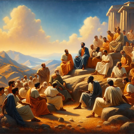 Ancient Greek philosophers discussing atop rocky hills, inspired by 1960s historical epic films.