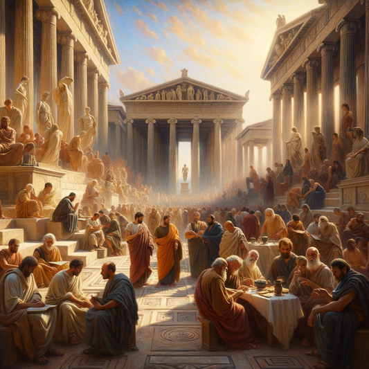 Philosophers in an ancient Athenian agora, discussing amidst classical Greek architecture in a cinematic, historical style reminiscent of 1960s films.