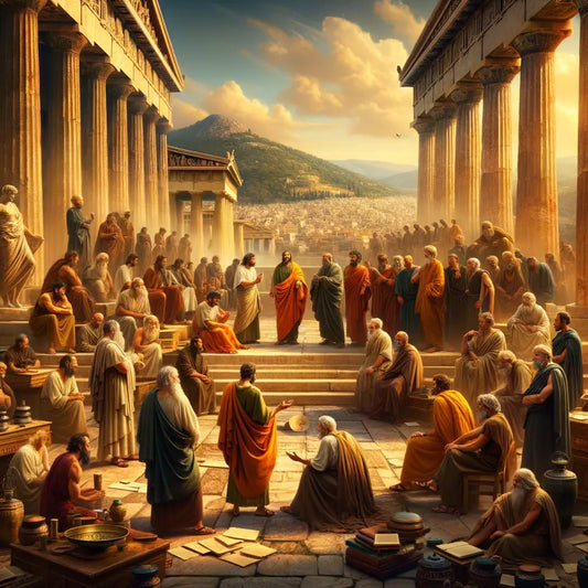 Paul the Apostle engaging with Epicurean and Stoic philosophers in ancient Athens, surrounded by classical architecture and sunlight, inspired by 1960s historical epic films.