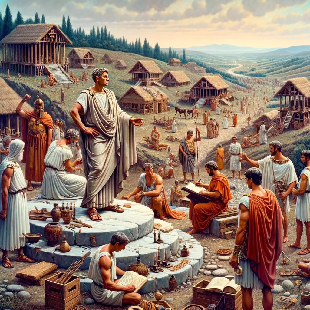 Romulus standing on a hill blessing early Rome, Numa drafting religious laws, and Tullus leading Roman soldiers, set in a cinematic style reminiscent of 1960s historical films.