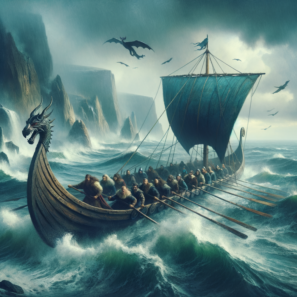 Viking longship navigating stormy seas with a rugged Scandinavian coastline in the background, capturing the adventurous spirit of the Vikings.