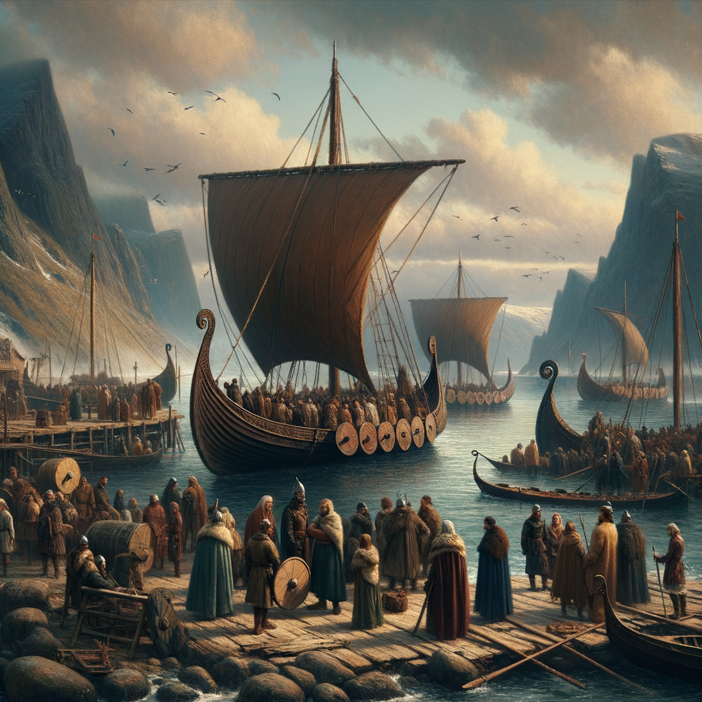 Bustling Viking harbor with longships, Norse warriors trading with diverse cultures against a backdrop of Nordic coastlines and fjords, inspired by 1960s historical epics.