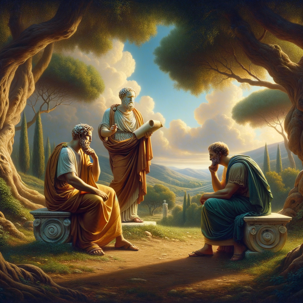 Artistic depiction of Marcus Aurelius, Seneca, and Epictetus in a serene Roman landscape, capturing the essence of their philosophical discourse, styled like 1960s historical epics.