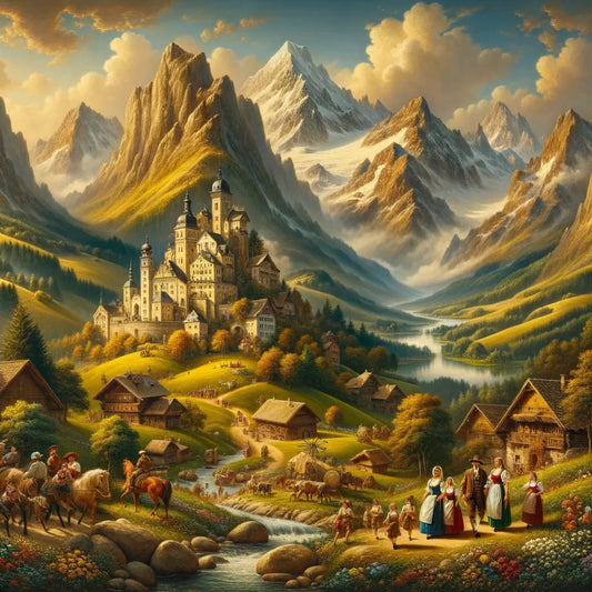 Central European landscape with symbols of Austrian, Dutch, and Swiss culture, inspired by 1960s historical film style.