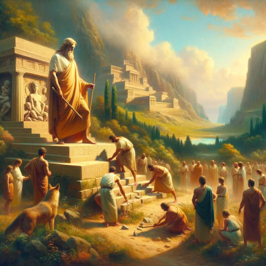 Romulus laying the first stone for the founding of Rome, surrounded by mythical symbols in a Roman landscape, painted in a style reminiscent of classic 1960s historical epics.
