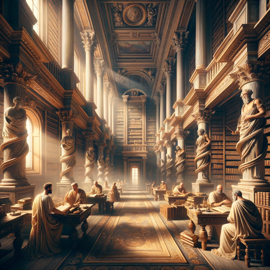 A serene scene of Roman philosophers in a grand library filled with scrolls and marble columns, capturing a moment of Stoic reflection in the style of 1960s historical films.
