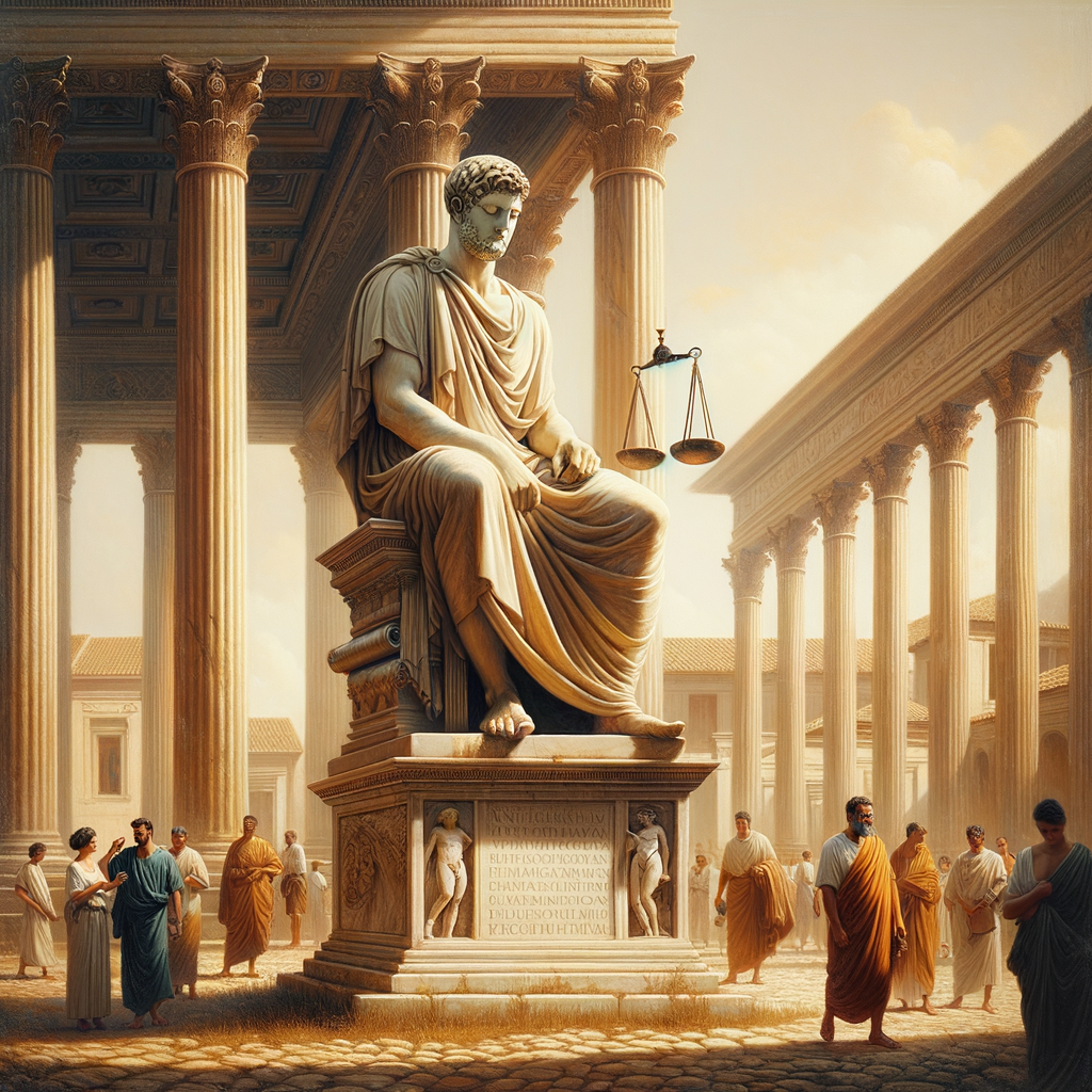 A serene Roman statue of a philosopher in a forum, symbolizing Stoicism with scrolls and a scale.