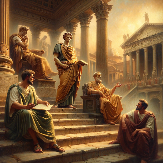 Marcus Aurelius, Seneca, and Epictetus in classical attire, set against a monumental backdrop of ancient Rome, portrayed in a 1960s-style historical epic painting.