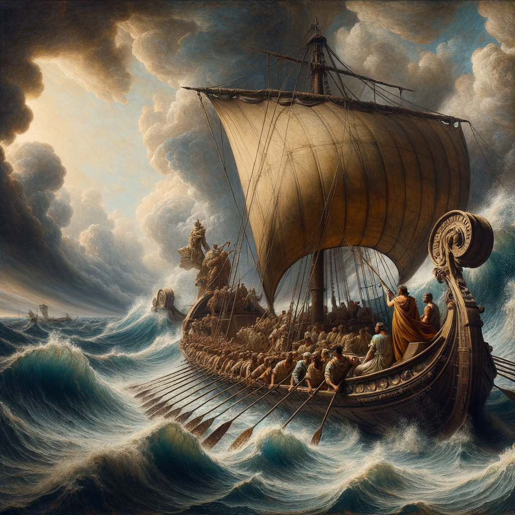 Roman trireme in a turbulent sea, with a philosopher calmly guiding, evoking 1960s epic film style.