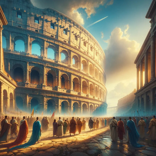Majestic painting of the Colosseum in Rome under a bright sky, capturing its enduring legacy with Roman citizens and legionaries, inspired by 1960s historical epic films.