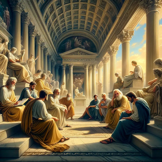 Philosophers Marcus Aurelius, Seneca, Epictetus, and Zeno of Citium in discussion amidst classical architecture, inspired by 1960s historical epics.