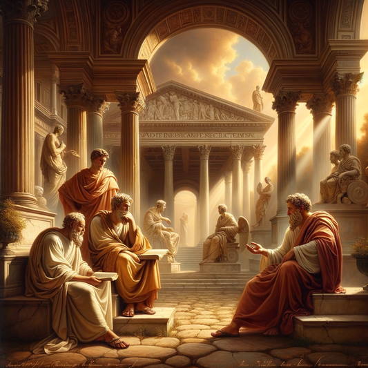 Roman philosophers Marcus Aurelius, Seneca, and Epictetus discussing in the Roman Forum, captured in a serene, cinematic 1960s historical film style.