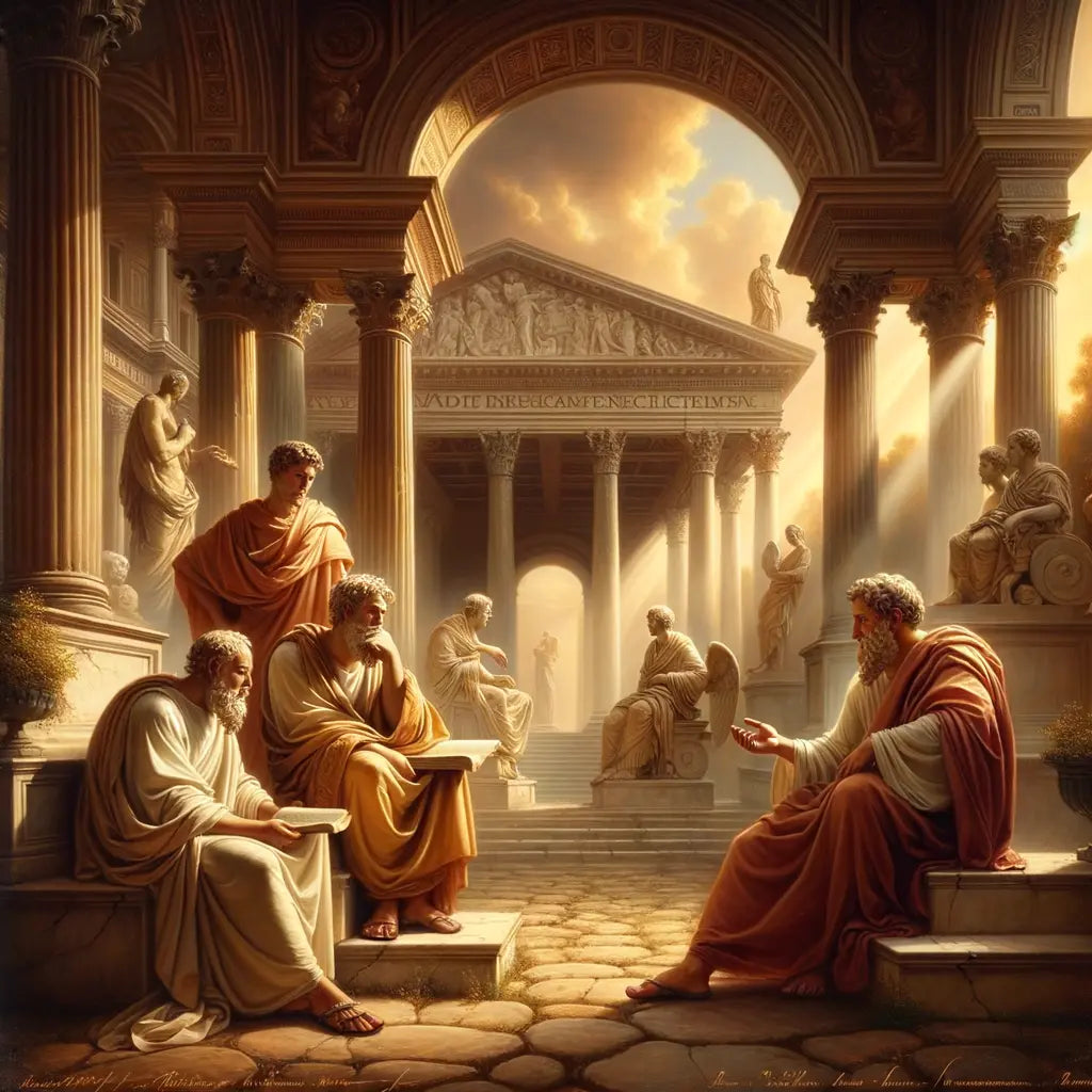 Roman philosophers Marcus Aurelius, Seneca, and Epictetus discussing in the Roman Forum, captured in a serene, cinematic 1960s historical film style.