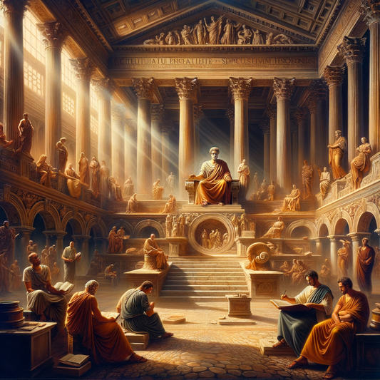 Ancient Roman philosopher in a forum, surrounded by scrolls and classical architecture, embodying Stoic philosophy in a style inspired by 1960s historical films.