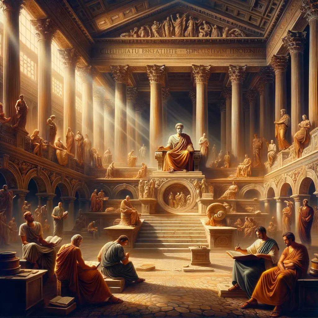 Ancient Roman philosopher in a forum, surrounded by scrolls and classical architecture, embodying Stoic philosophy in a style inspired by 1960s historical films.
