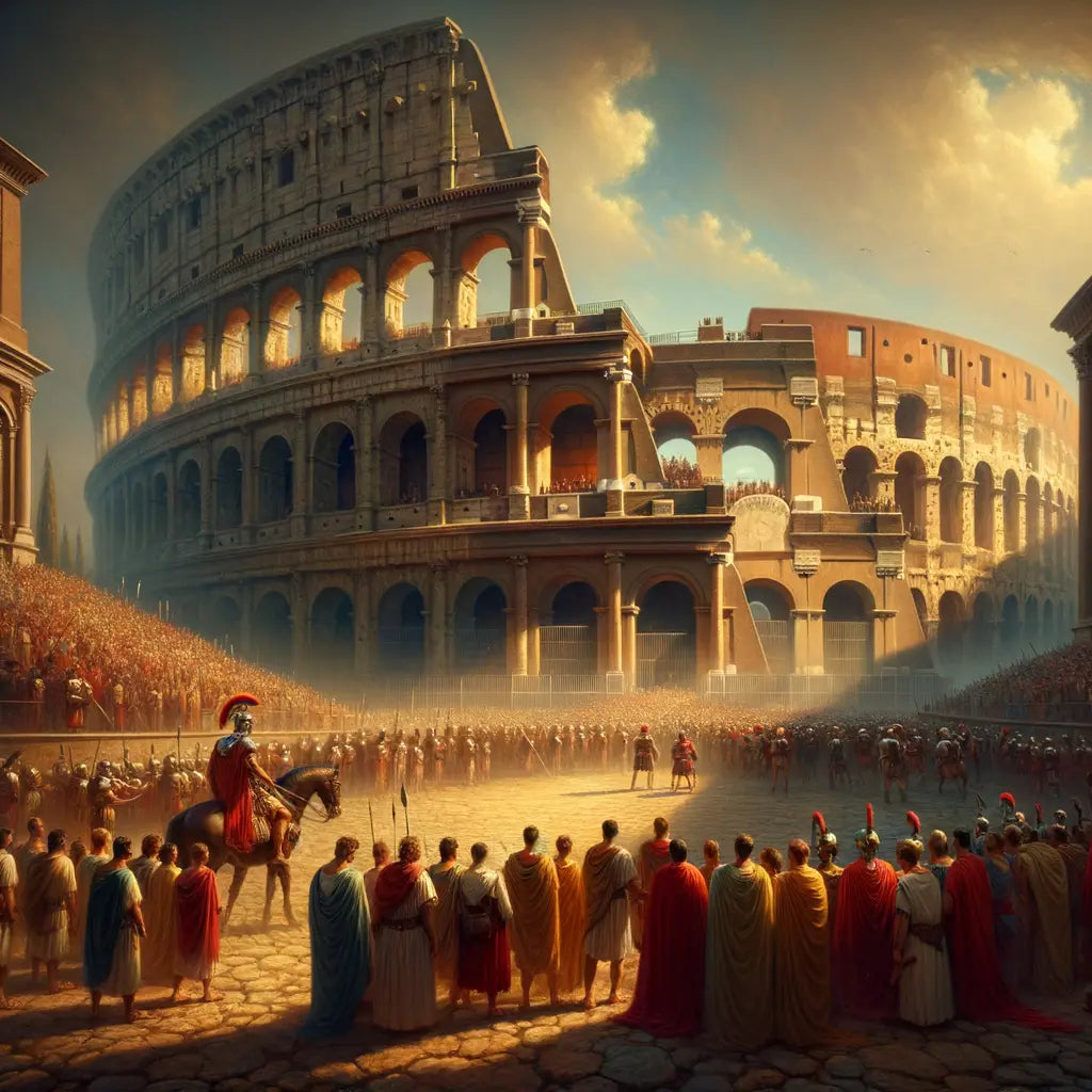 Majestic view of the Colosseum in Rome with Roman citizens and soldiers, capturing its architectural grandeur in a 1960s historical film style.