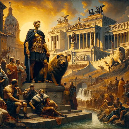 Odoacer's triumph over the Roman Empire, with the Capitoline Wolf in the background, symbolizing Rome's resilience and mythos, painted in the style of a 1960s historical film.