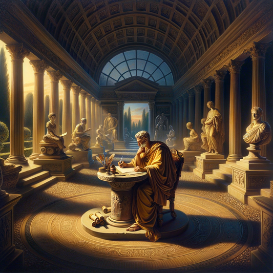 Seneca, the Roman philosopher, writing thoughtfully in a serene villa courtyard, inspired by 1960s historical films.