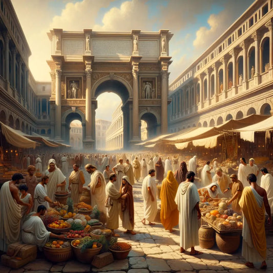 Ancient Roman marketplace bustling with citizens among grand architecture, inspired by classic 1960s historical films.