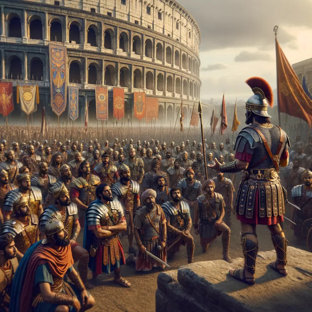 A Roman general inspiring his soldiers with the Colosseum visible behind them.