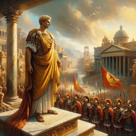Caesar Augustus stands on a marble podium in his toga, against the bustling backdrop of ancient Rome, surrounded by symbols of military and cultural strength, reminiscent of a 1960s historical film.
