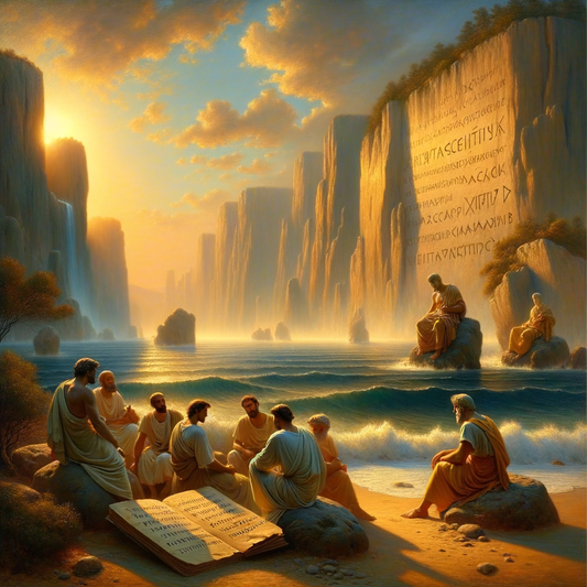 Serene ancient Greek coastal landscape with a Stoic manuscript in the foreground, inspired by 1960s historical epic films.