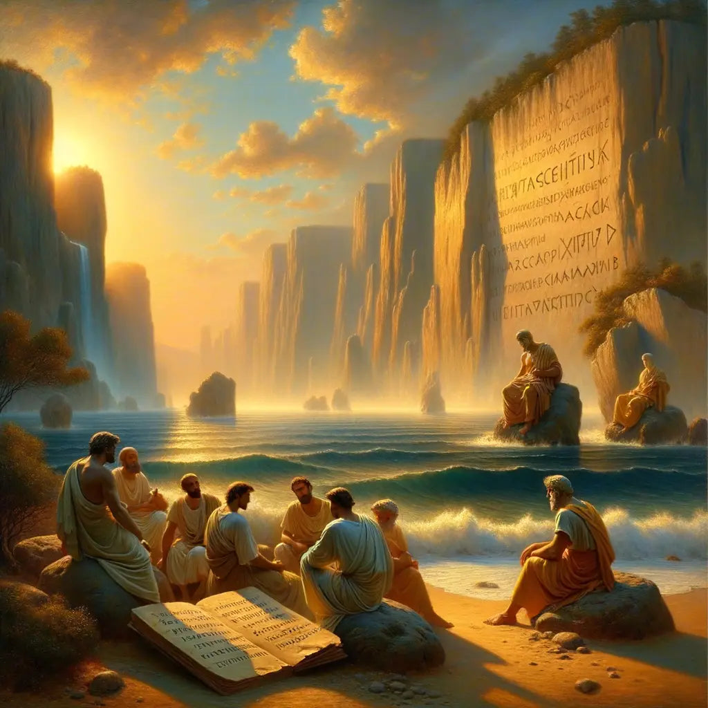 Serene ancient Greek coastal landscape with a Stoic manuscript in the foreground, inspired by 1960s historical epic films.
