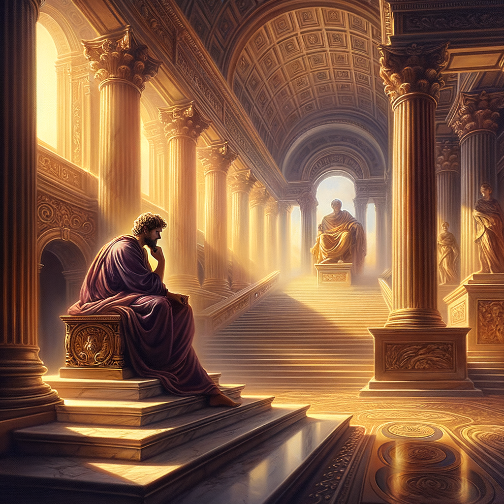 A Roman Emperor or philosopher seated in deep thought amid towering classical architecture, inspired by the style of 1960s historical epics.