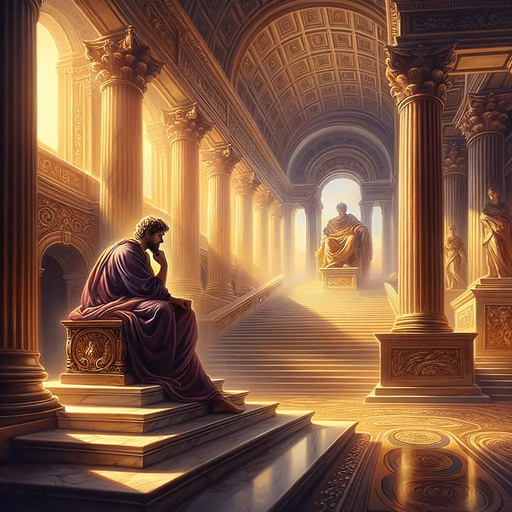 A Roman Emperor or philosopher seated in deep thought amid towering classical architecture, inspired by the style of 1960s historical epics.