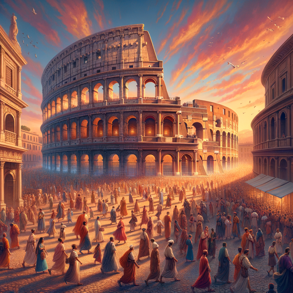 An artistic depiction of ancient Rome's Colosseum and its lively atmosphere during sunset.