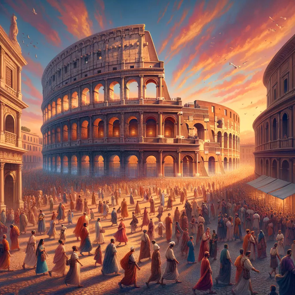 An artistic depiction of ancient Rome's Colosseum and its lively atmosphere during sunset.