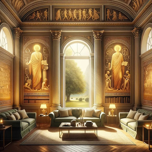 A tranquil room blending ancient Greek philosophy books with modern design, featuring classical columns and a contemporary reading nook, illuminated by soft natural light.